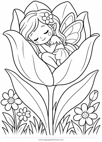 Fairy coloring page of a flower fairy sleeping in a tulip, medium printable for ages 5-7