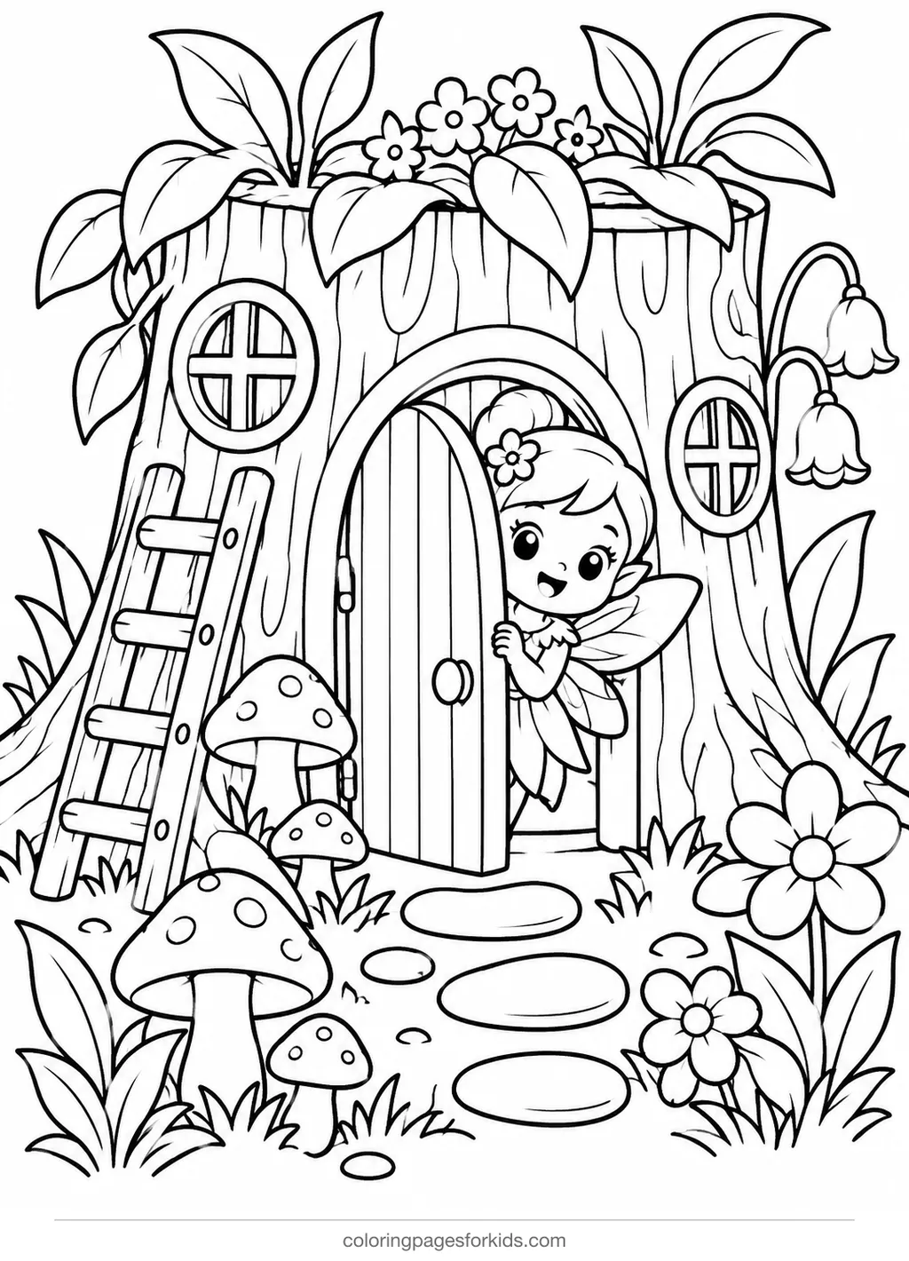 Fairy coloring page of a tree stump house with door and ladder, medium printable for ages 5-7