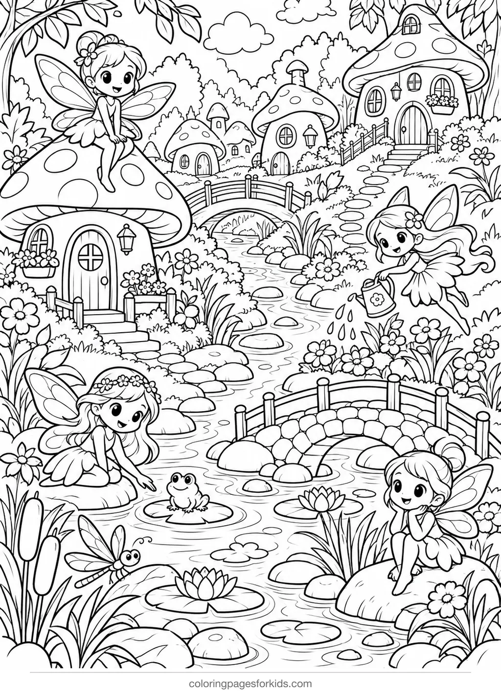 Fairy coloring page of a village by a stream with bridges, detailed printable for ages 7-10