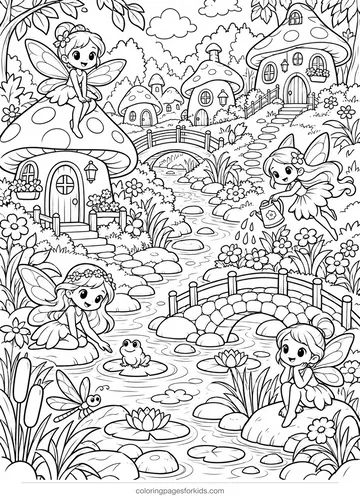 Fairy coloring page of a village by a stream with bridges, detailed printable for ages 7-10