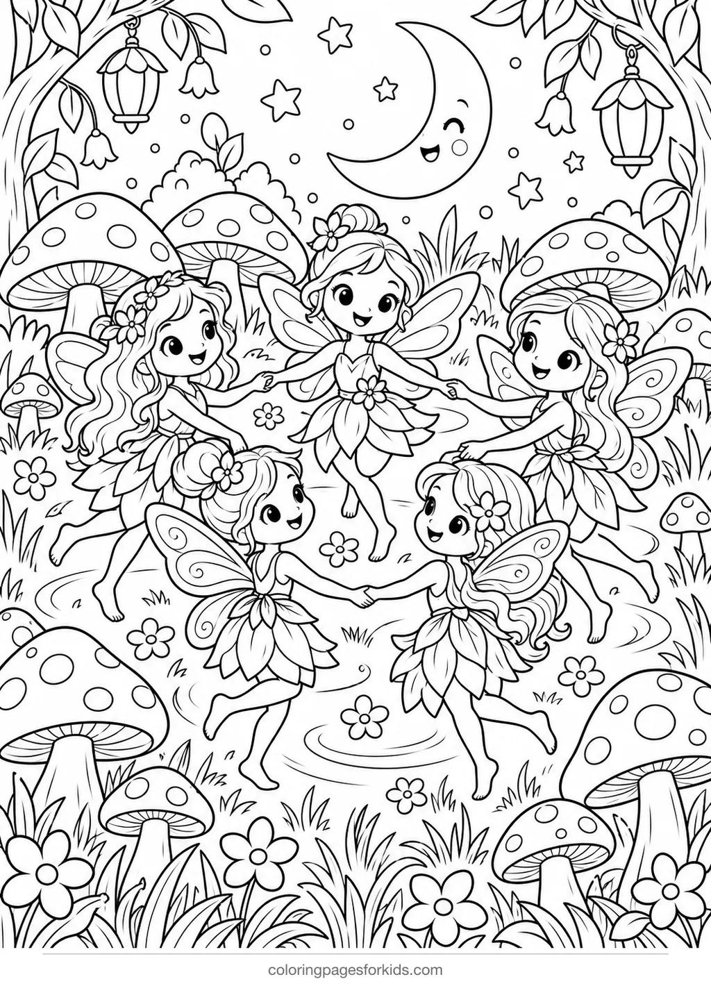 Fairy coloring page of fairies dancing by mushrooms under the moon, detailed printable for ages 7-10