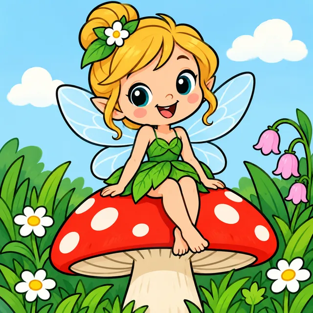Colored example of a cute little fairy sitting on a mushroom