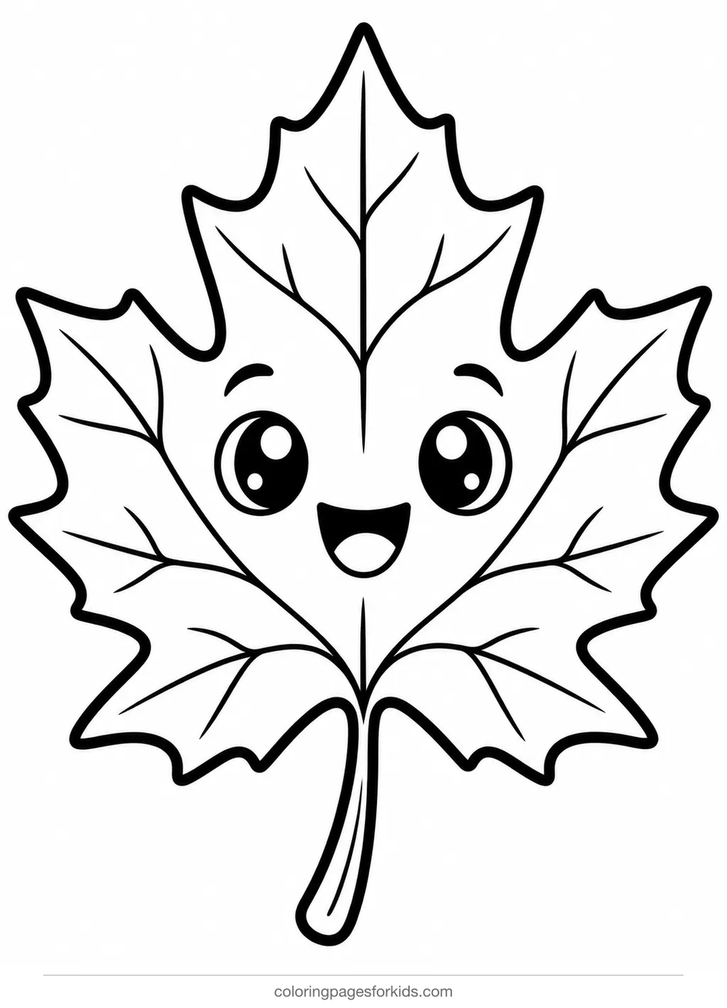 Fall coloring page of one big smiling maple leaf, easy black-and-white printable for ages 3-5