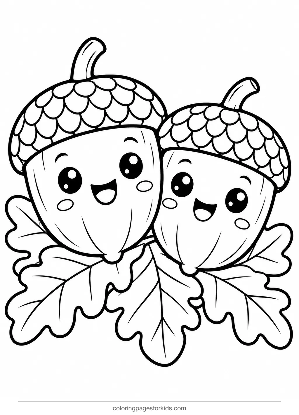 Fall coloring page of two smiling acorns on oak leaves, easy printable for ages 3-5