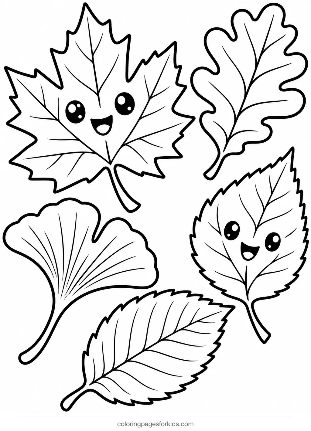 Fall coloring page of five different falling leaves, easy printable for ages 3-5