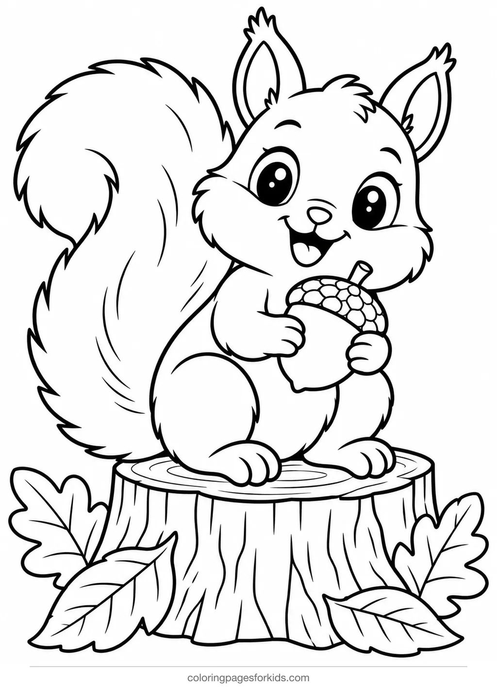 Fall coloring page of a smiling squirrel holding an acorn, easy printable for ages 3-5
