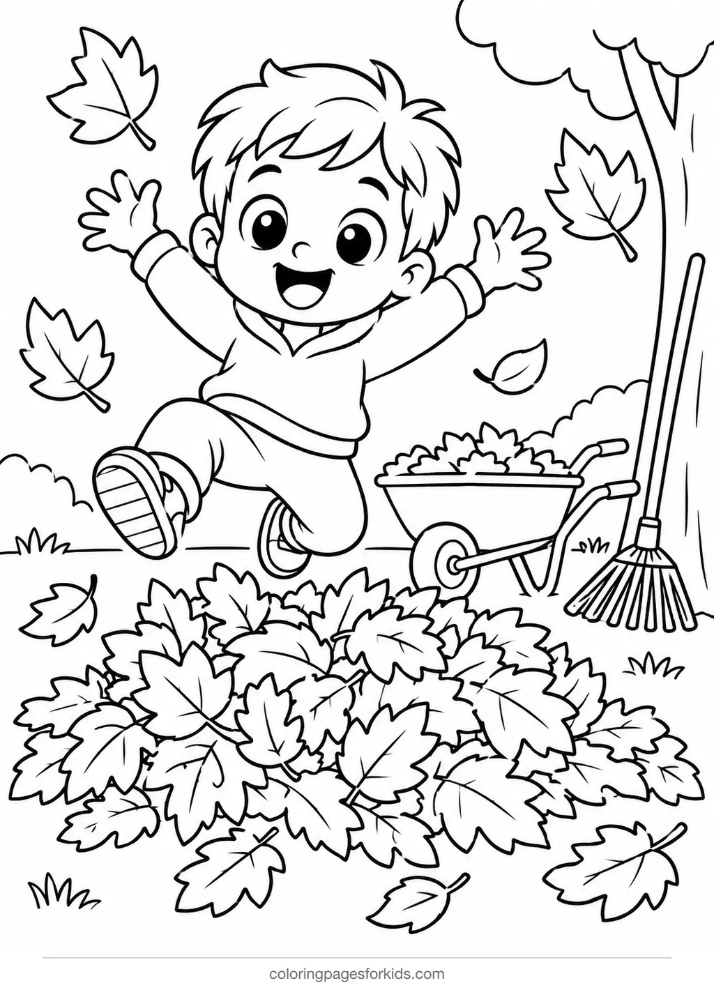 Fall coloring page of a cartoon child jumping in leaves, medium printable for ages 5-7
