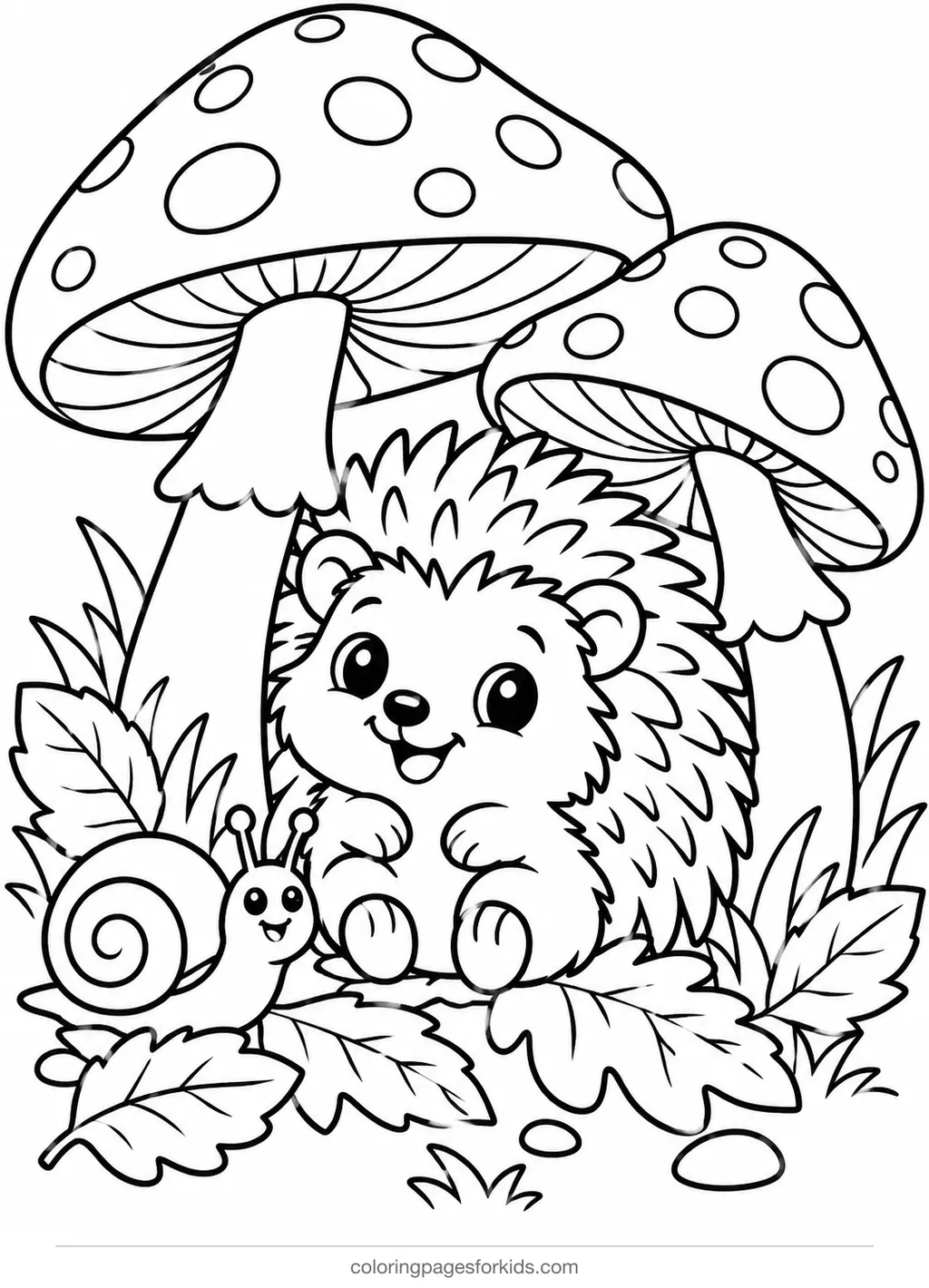 Fall coloring page of a hedgehog under mushrooms, medium printable for ages 5-7