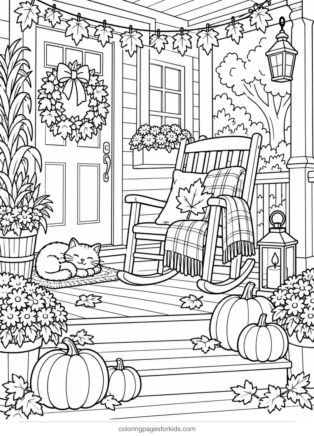 Fall coloring page of a porch with pumpkins and flowers, medium printable for ages 5-7