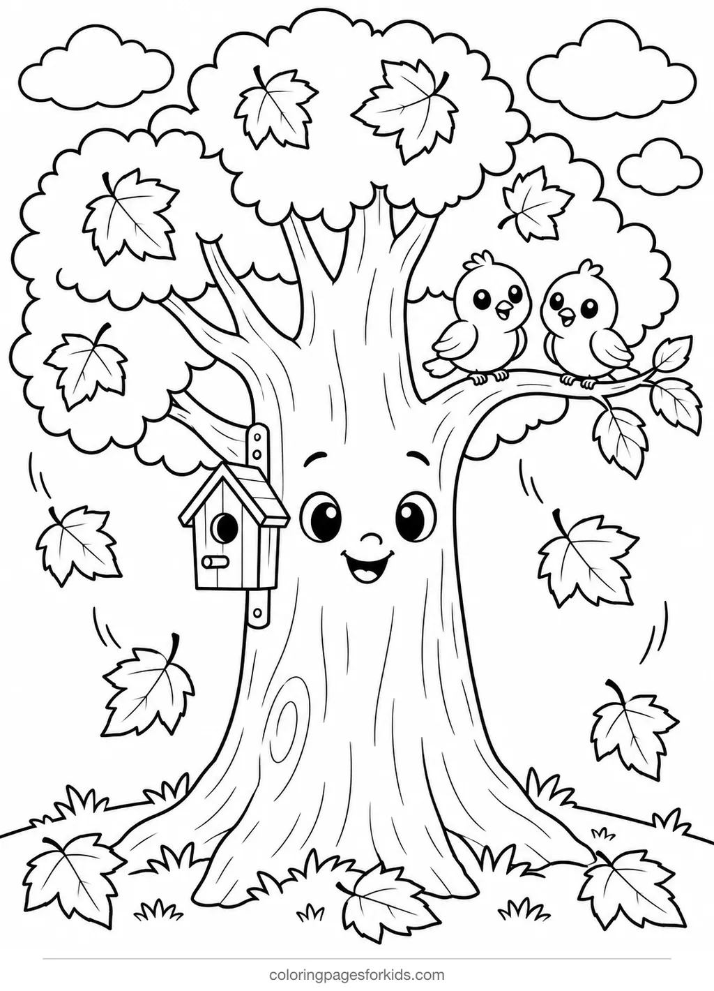Fall coloring page of a tree with birdhouse and birds, medium printable for ages 5-7