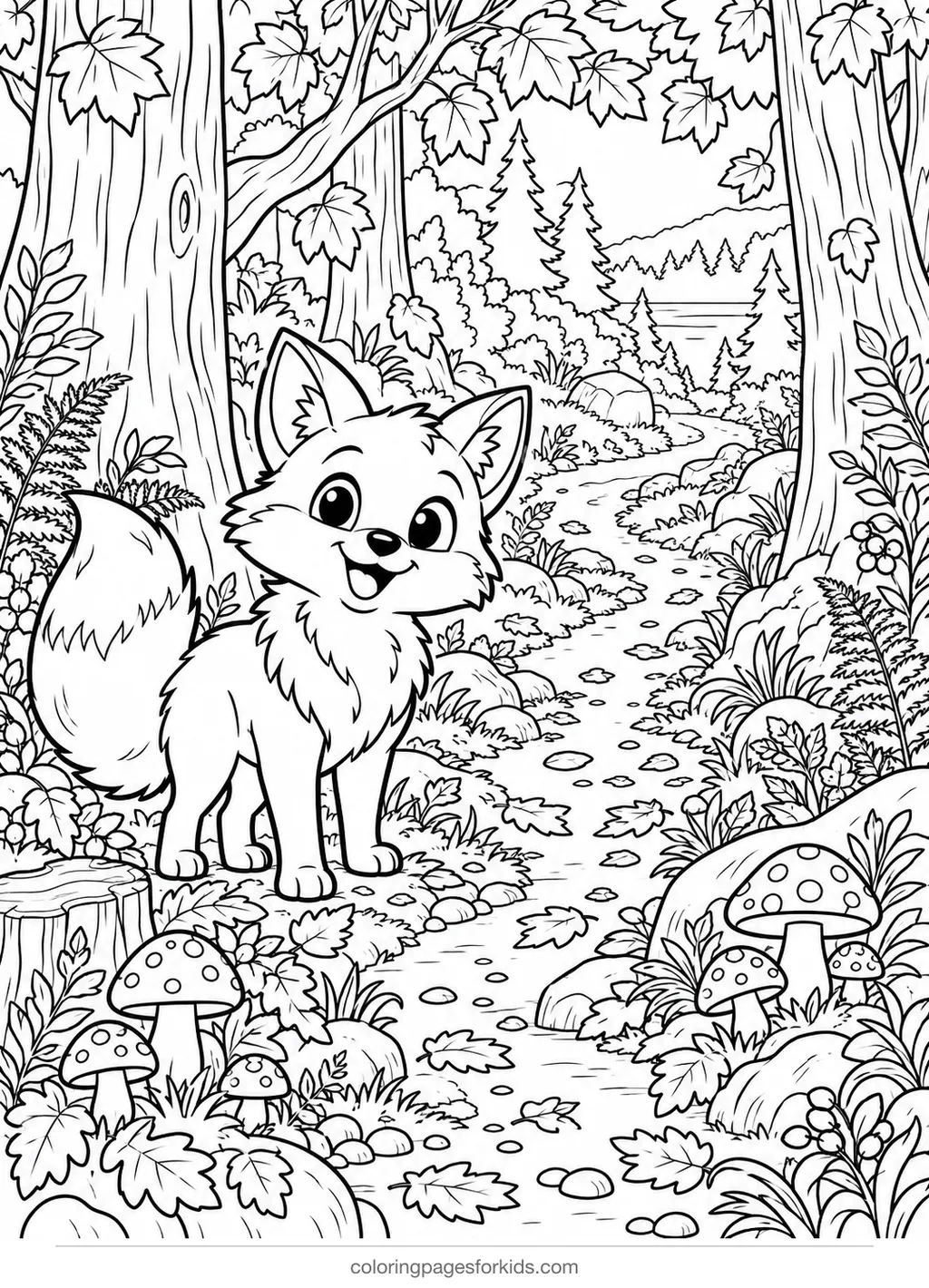 Fall coloring page of a forest path with fox and mushrooms, detailed printable for ages 7-10