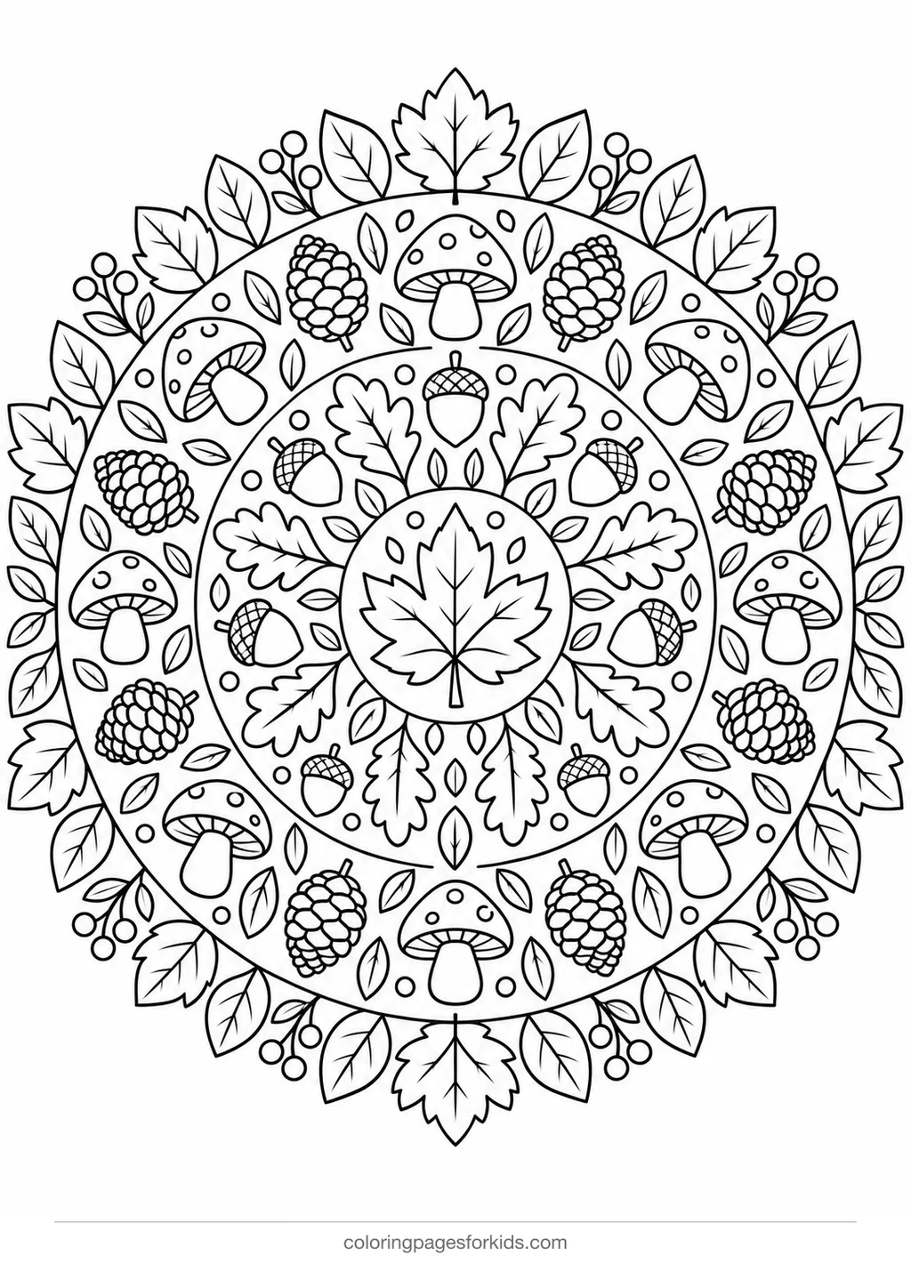 Fall coloring page of a leaf acorn mushroom mandala, detailed printable for ages 7-10