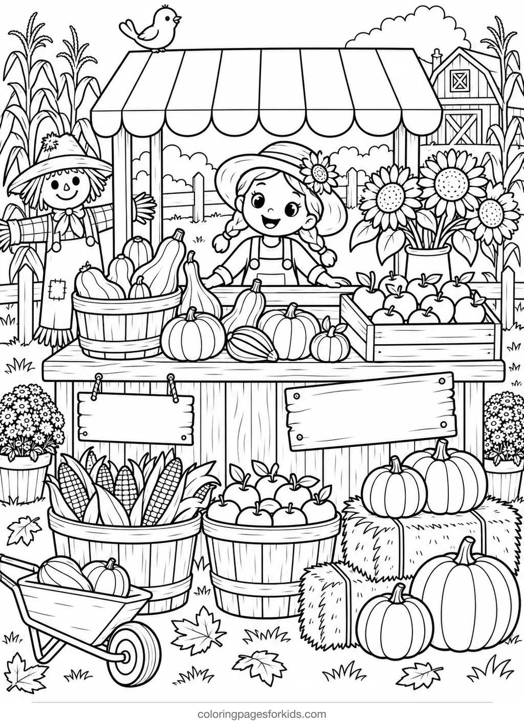 Fall coloring page of a harvest farm stand with produce, detailed printable for ages 7-10