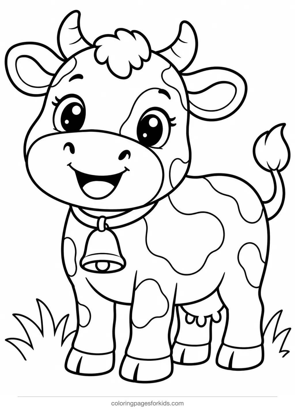 Farm animal coloring page of a smiling cow with spots and bell, easy printable for ages 3-5