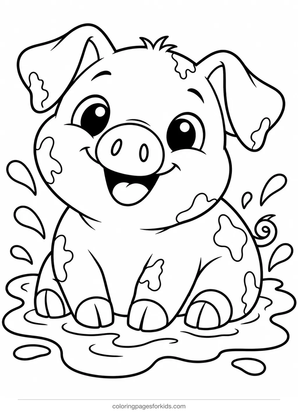 Farm animal coloring page of a happy pig sitting in a mud puddle, easy printable for ages 3-5
