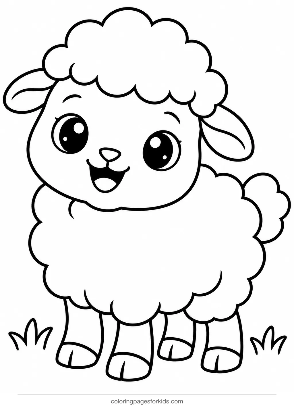 Farm animal coloring page of a fluffy sheep with cloud-like wool, easy printable for ages 3-5