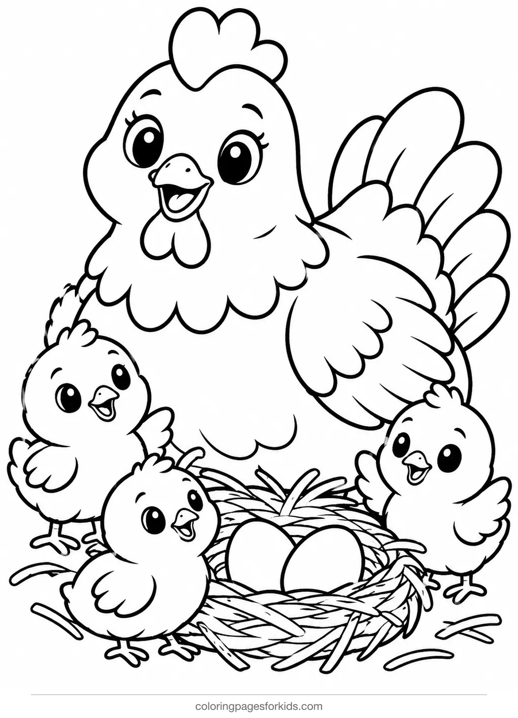 Farm animal coloring page of a hen with three chicks by a nest, easy printable for ages 3-5