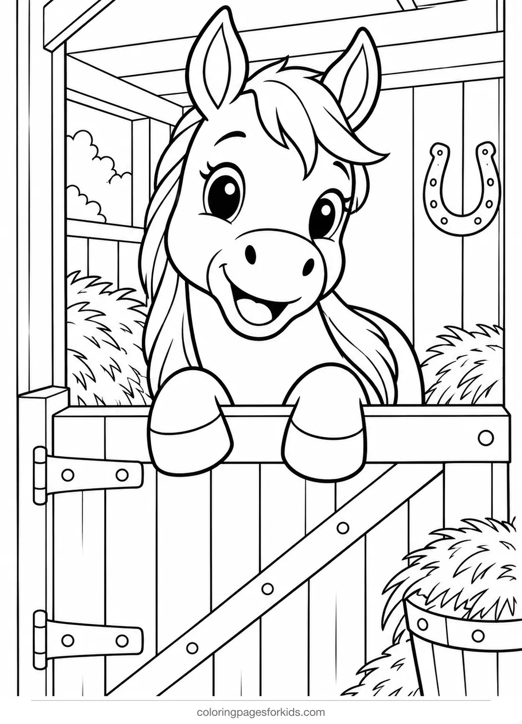 Farm animal coloring page of a horse at a stable door with hay, medium printable for ages 5-7