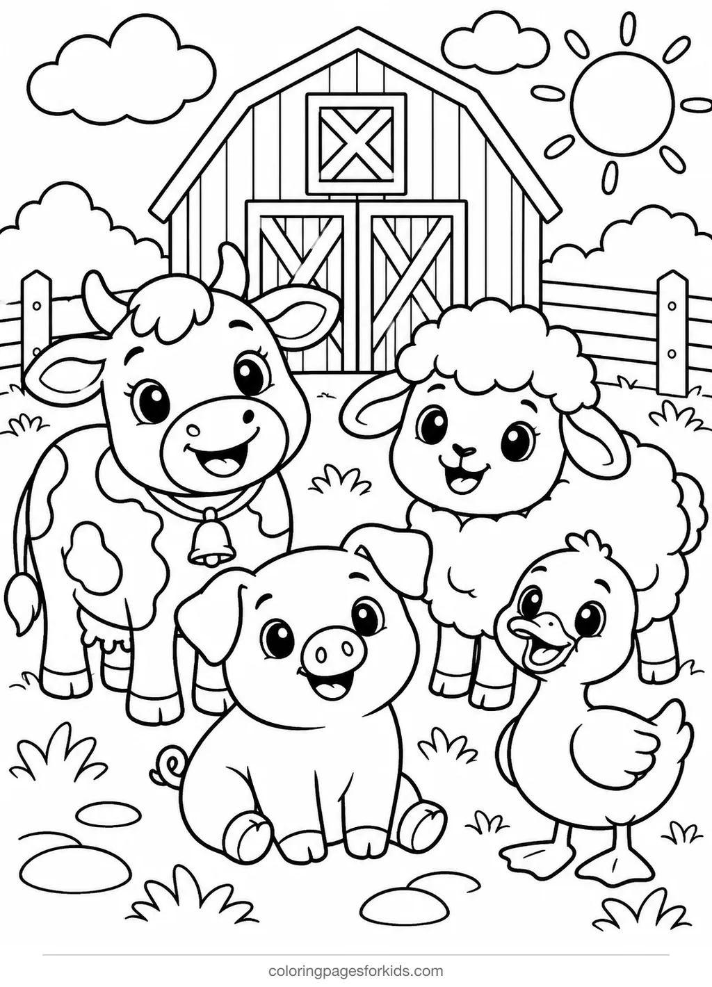 Farm animal coloring page of cow pig sheep and duck by a barn, medium printable for ages 5-7