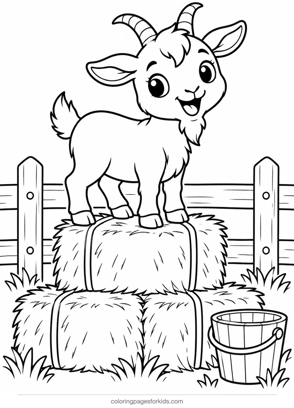 Farm animal coloring page of a goat standing on hay bales by a fence, medium printable for ages 5-7