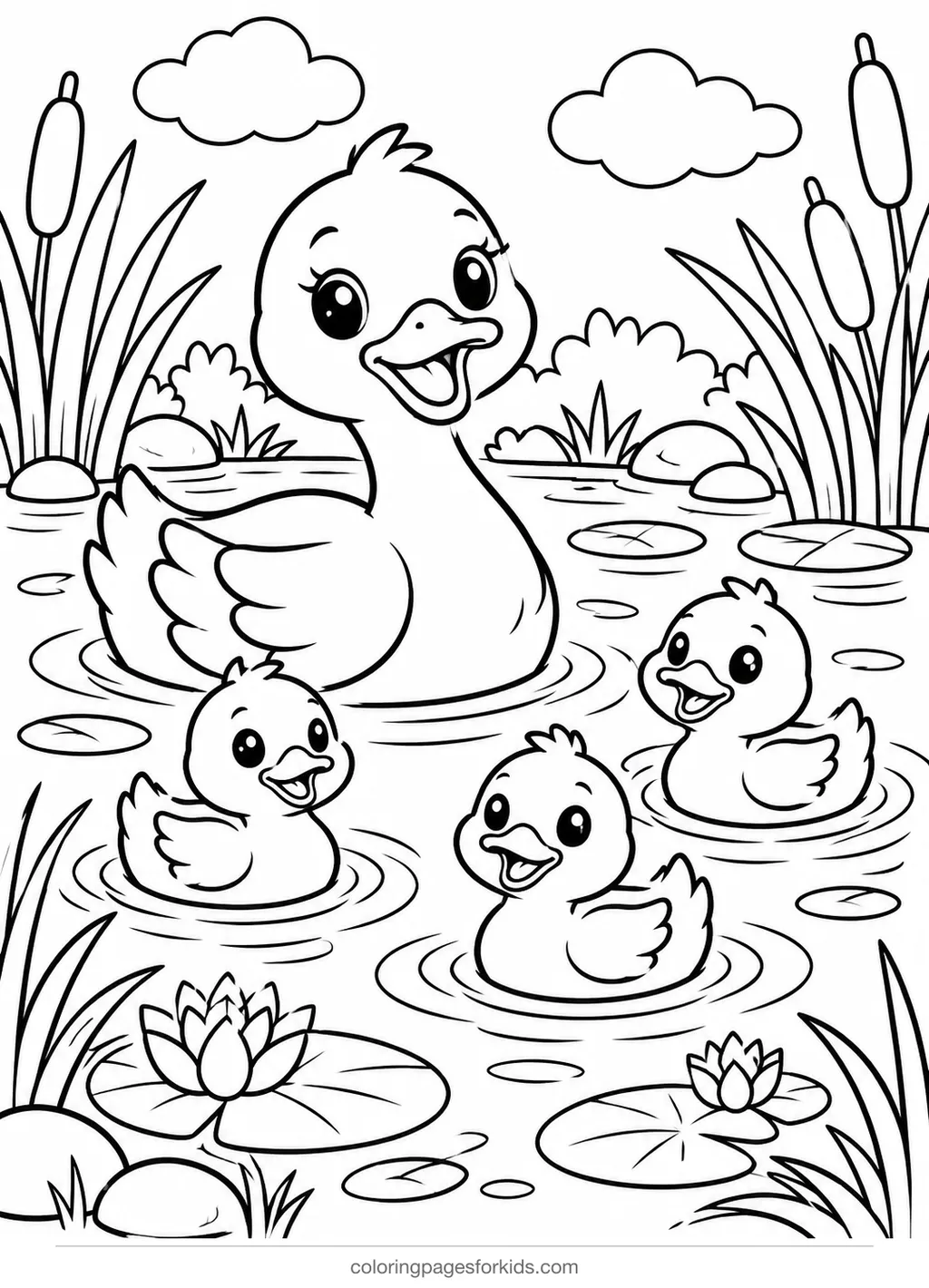 Farm animal coloring page of ducks swimming in a pond with reeds, medium printable for ages 5-7
