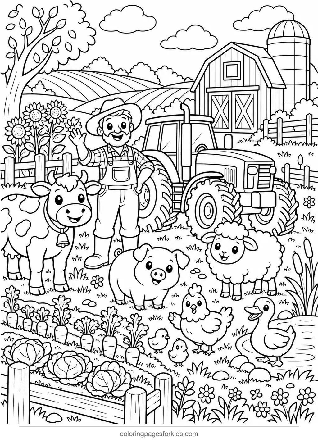 Farm animal coloring page of a busy farm with animals tractor barn and fields, detailed printable for ages 7-10