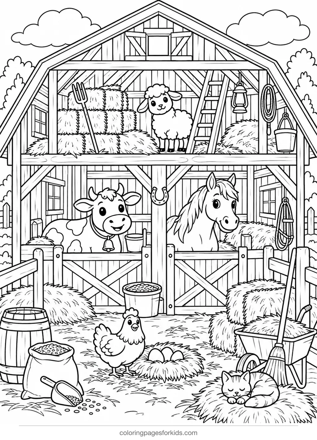 Farm animal coloring page of a barn with stalls hayloft and animals, detailed printable for ages 7-10