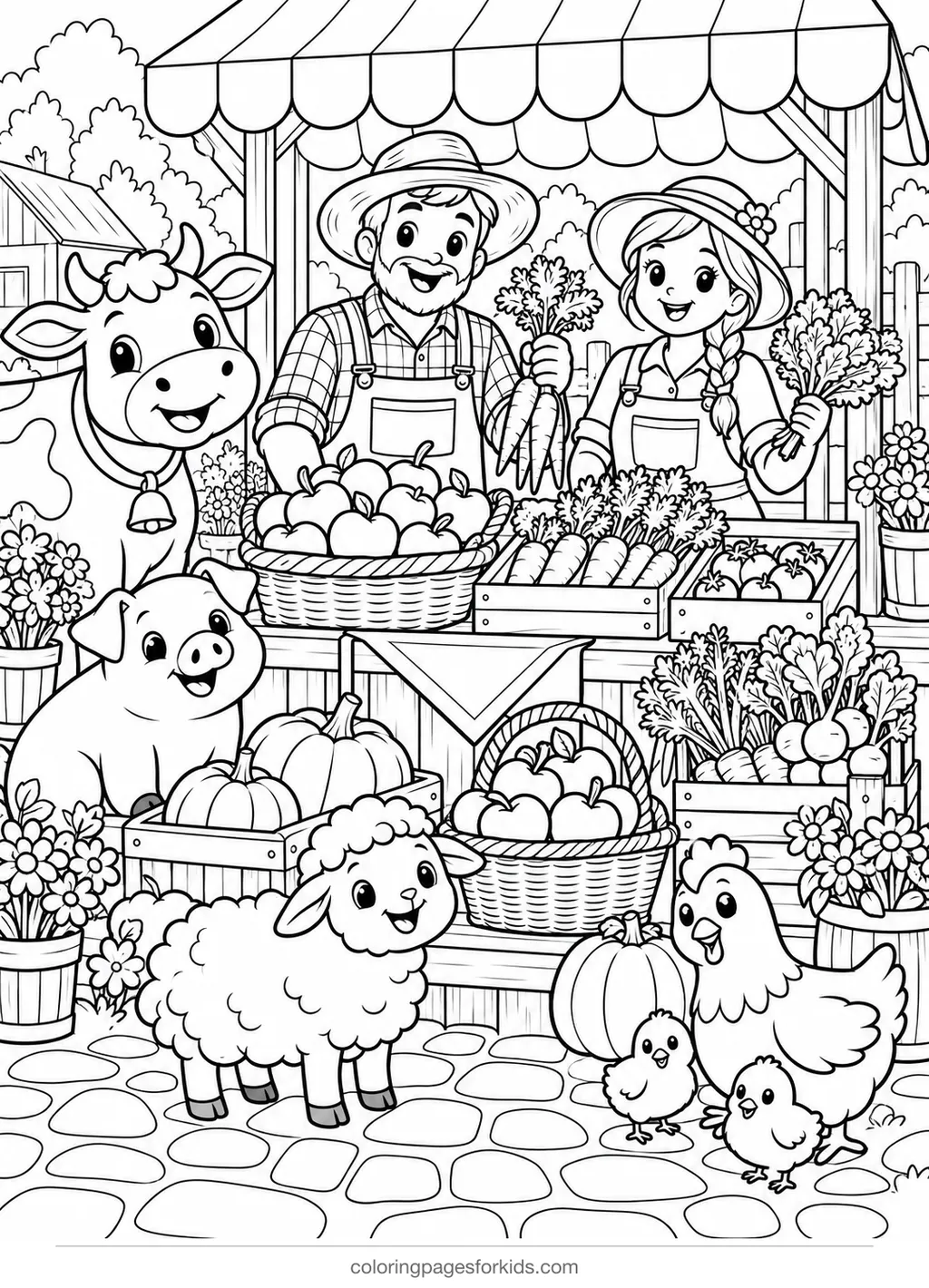 Farm animal coloring page of animals and farmers at a produce market, detailed printable for ages 7-10