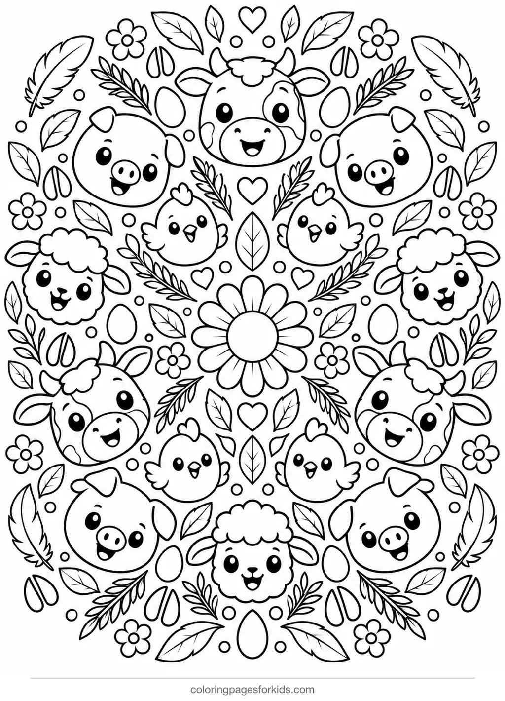 Farm animal coloring page of a mandala with cows pigs sheep and chickens, detailed printable for ages 7-10