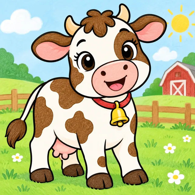 Colored example of a cute smiling cow farm animal coloring page for kids