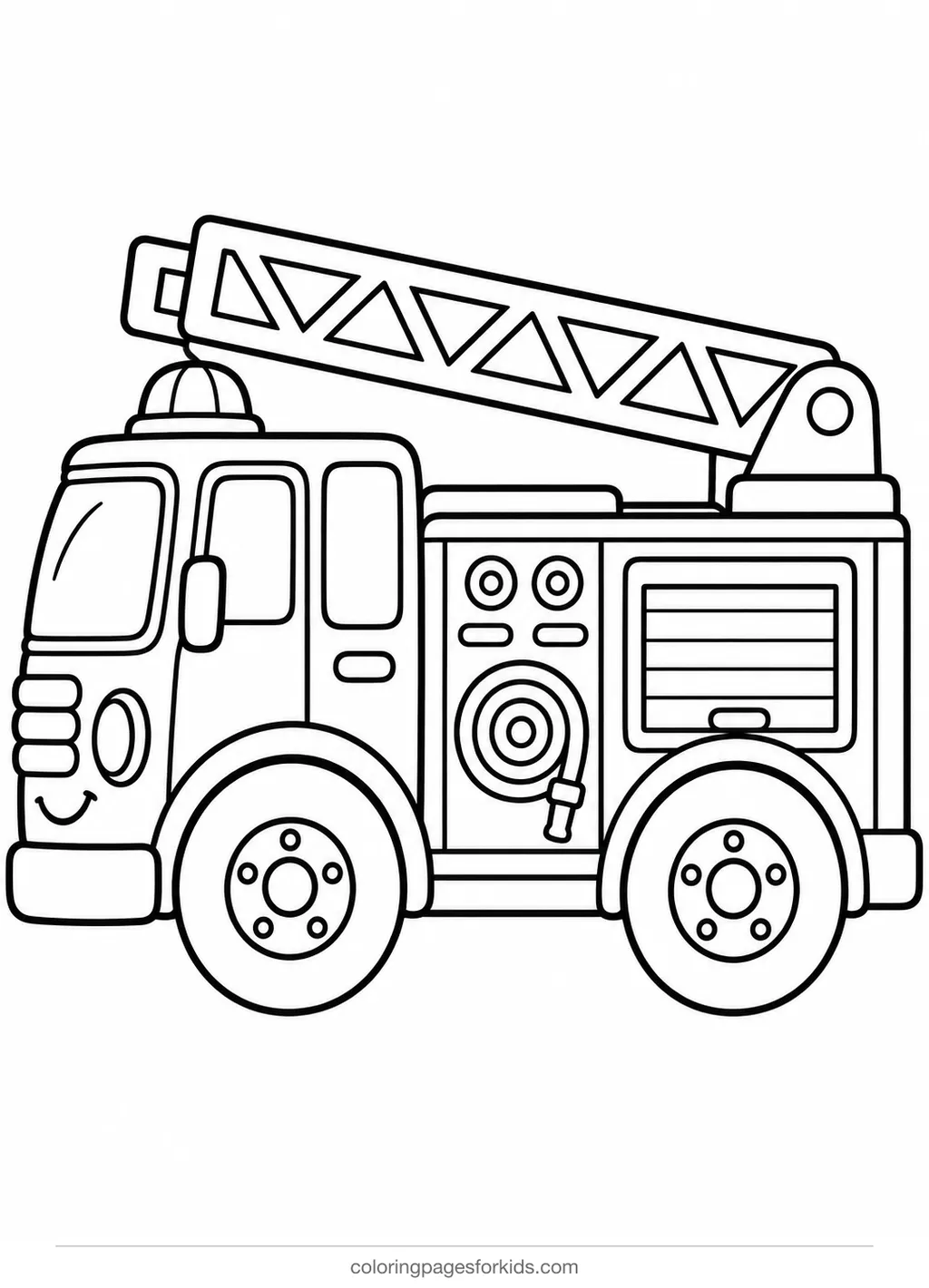 Fire truck coloring page of a simple side-view truck with ladder, easy printable for ages 3-5