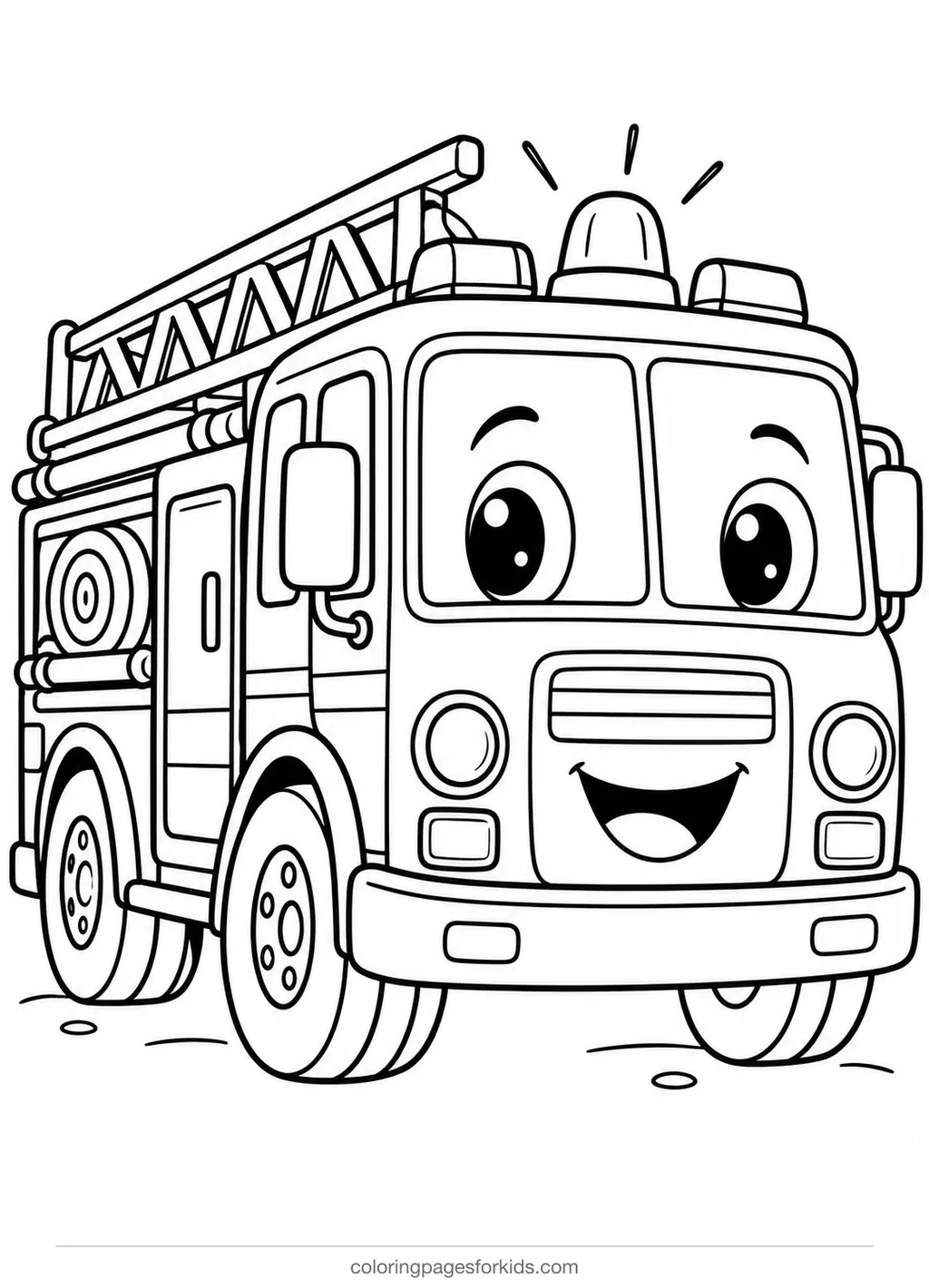 Fire truck coloring page of a smiling fire engine with siren, easy printable for ages 3-5