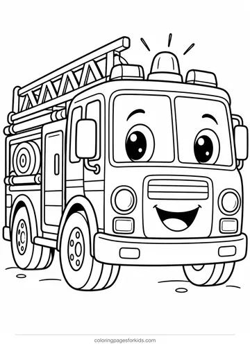 Fire truck coloring page of a smiling fire engine with siren, easy printable for ages 3-5