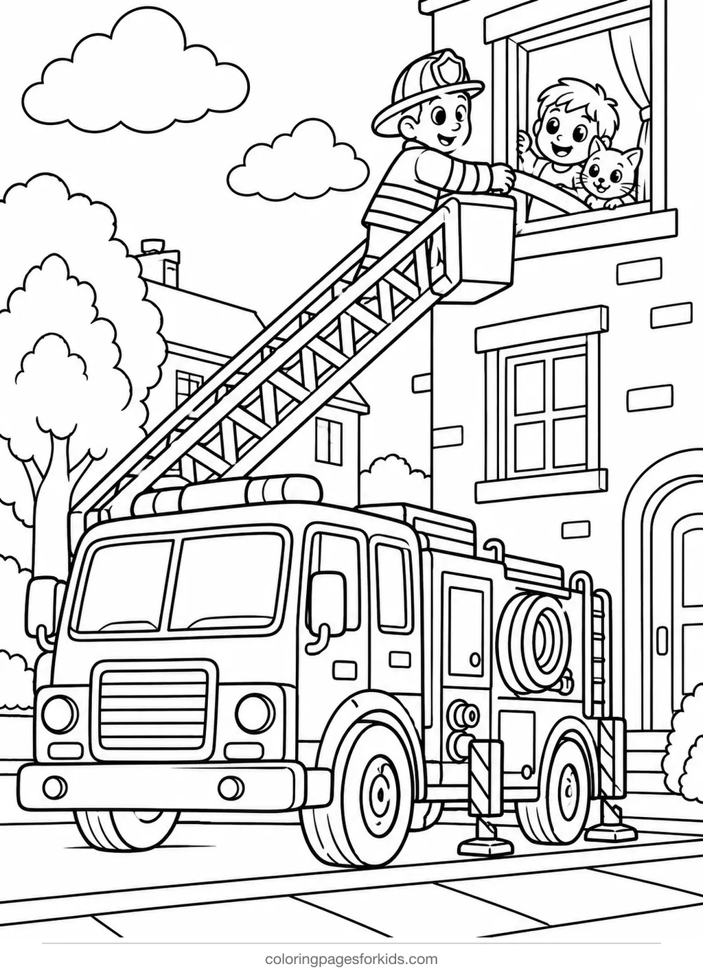 Fire truck coloring page of a ladder raised to a building window, medium printable for ages 5-7
