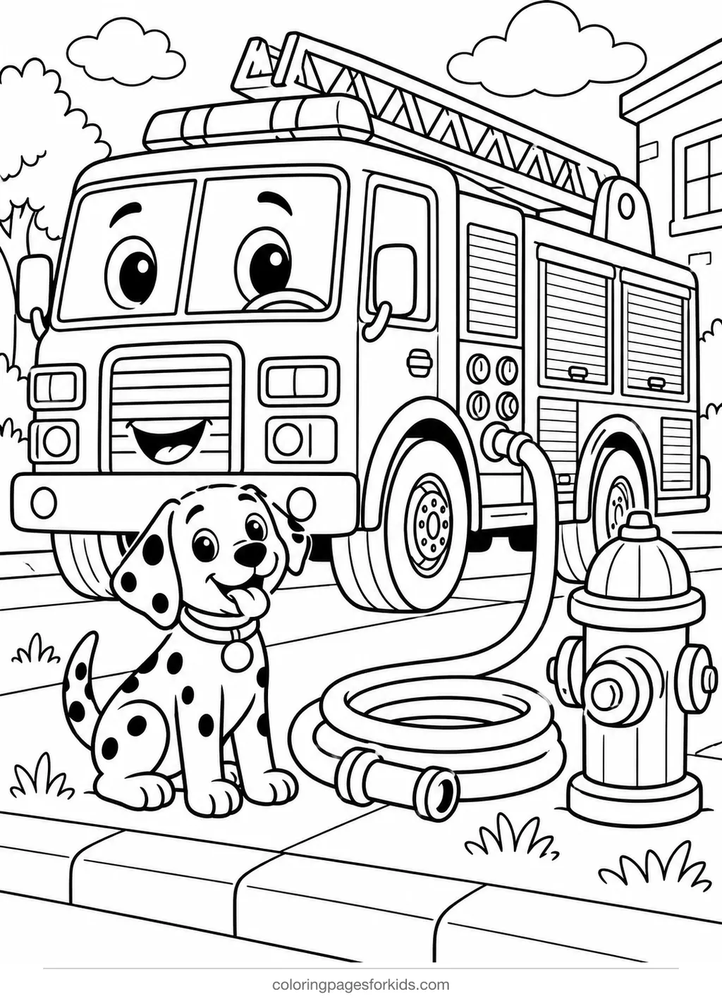 Fire truck coloring page of a truck by a hydrant and dog, medium printable for ages 5-7
