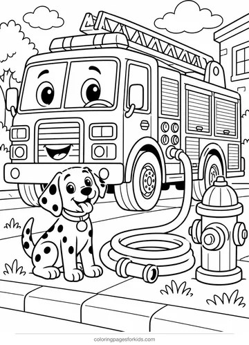 Fire truck coloring page of a truck by a hydrant and dog, medium printable for ages 5-7