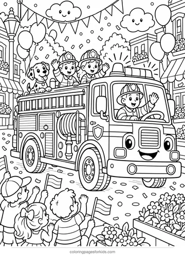 Fire truck coloring page of a town parade with flags, detailed printable for ages 7-10