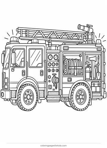Fire truck coloring page of a detailed engine with hoses and lights, printable for ages 7-10