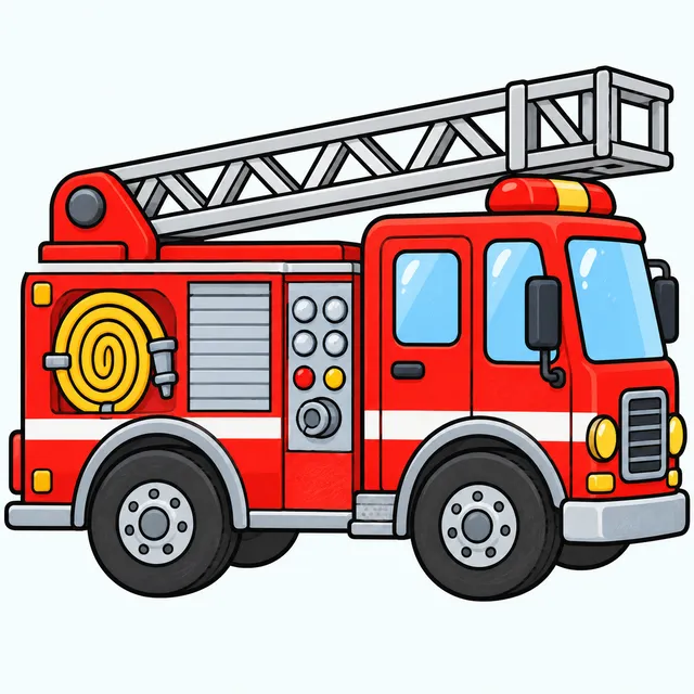 Colored example of a simple cartoon fire truck with a ladder and big wheels