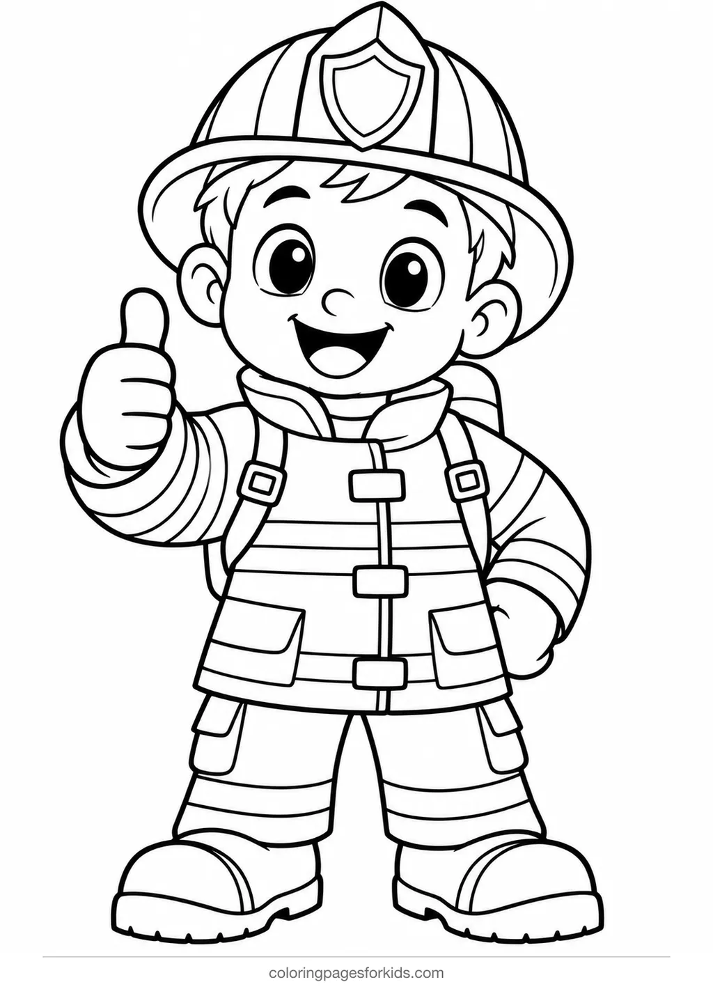 Firefighter coloring page of a smiling firefighter giving a thumbs up, easy black-and-white printable for ages 3-5