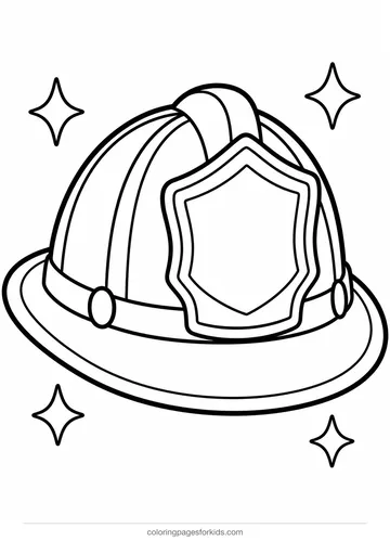 Firefighter coloring page of a large helmet with blank badge, easy black-and-white printable for ages 3-5