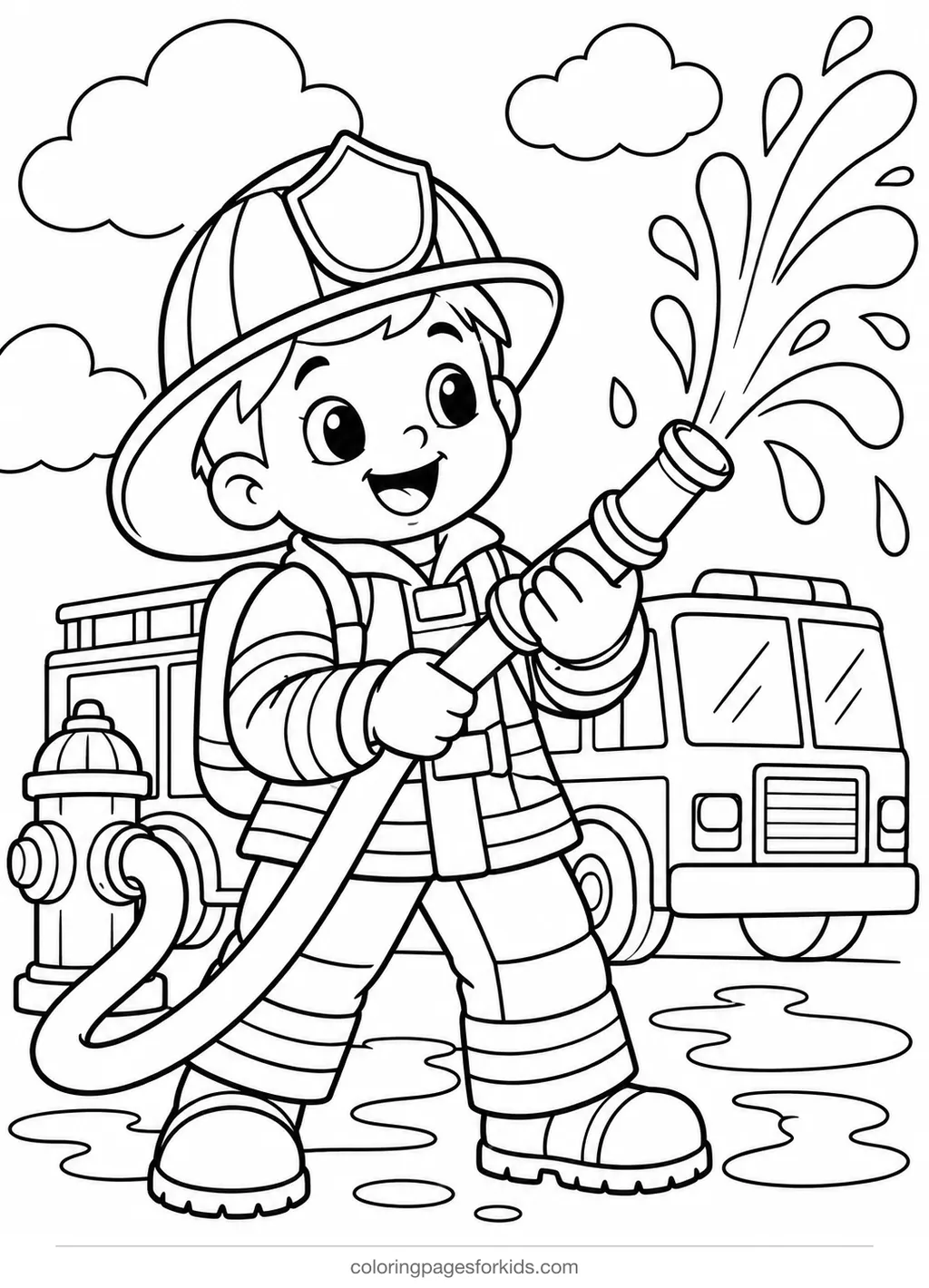 Firefighter coloring page of a firefighter spraying a hose, medium black-and-white printable for ages 5-7