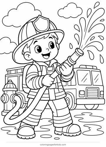 Firefighter coloring page of a firefighter spraying a hose, medium black-and-white printable for ages 5-7