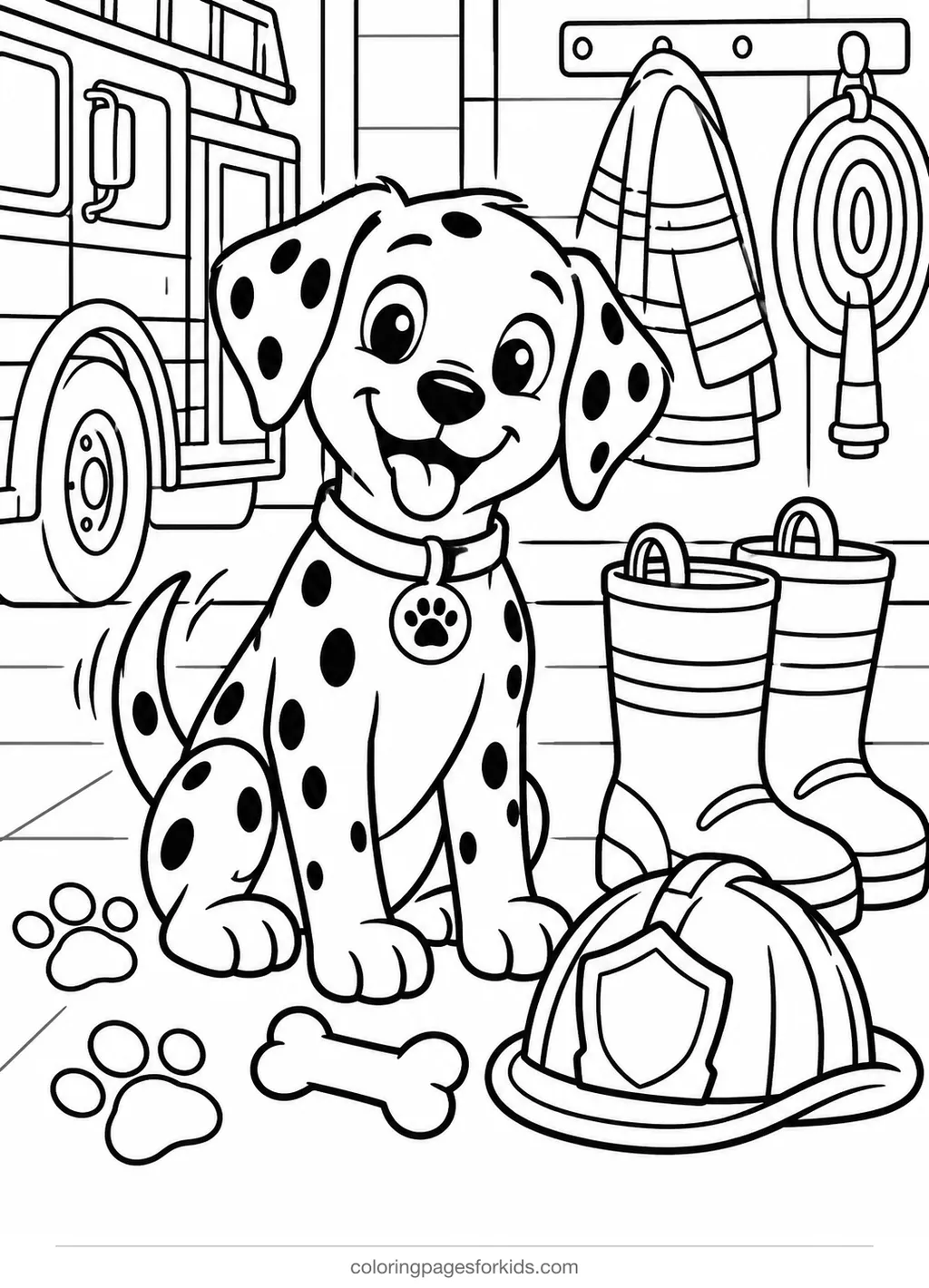Firefighter coloring page of a station dog by boots and helmet, medium black-and-white printable for ages 5-7