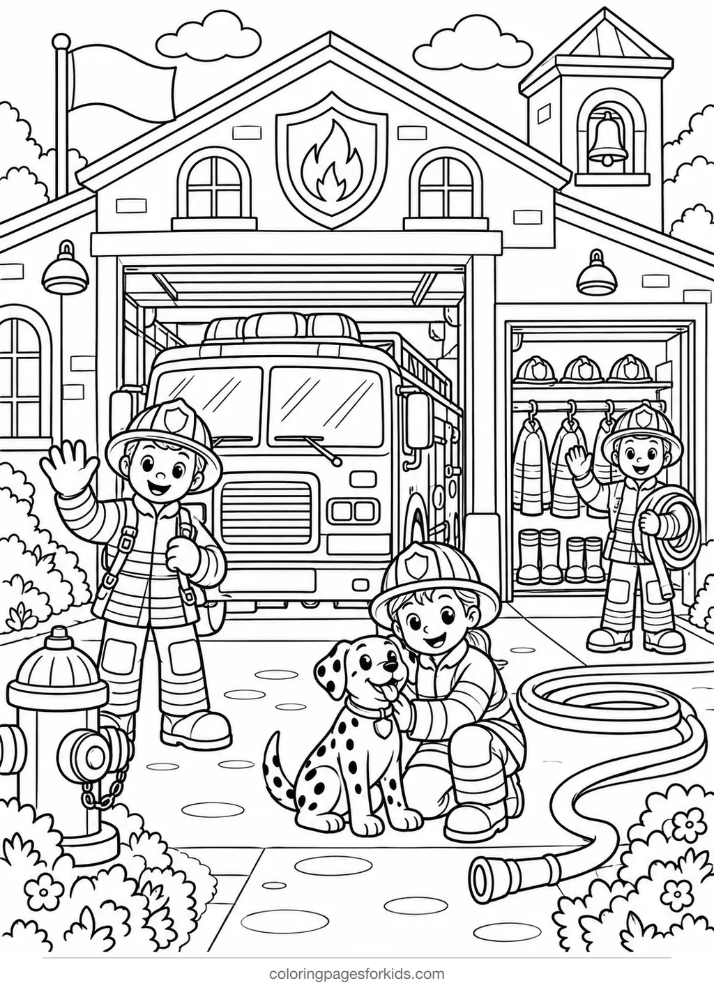 Firefighter coloring page of a fire station with truck and firefighters, detailed printable for ages 7-10