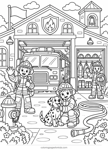 Firefighter coloring page of a fire station with truck and firefighters, detailed printable for ages 7-10