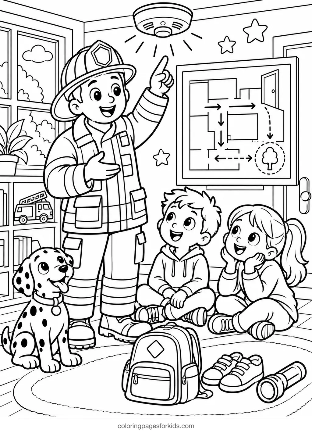 Firefighter coloring page of a smoke detector and exit map lesson, detailed printable for ages 7-10
