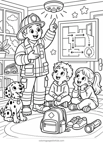 Firefighter coloring page of a smoke detector and exit map lesson, detailed printable for ages 7-10