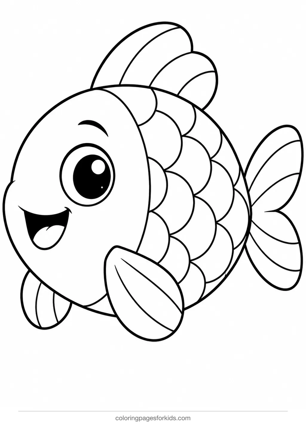Fish coloring page of a large simple fish with scales and fins, easy printable for preschoolers