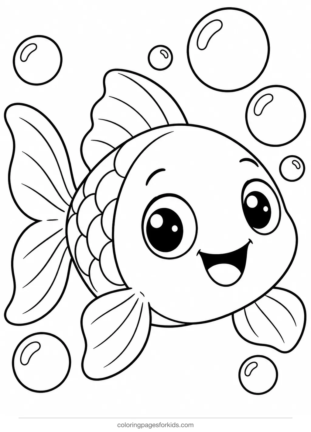 Fish coloring page of a round cartoon fish blowing bubbles, easy printable for ages 3-5